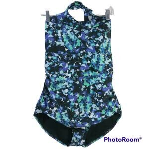 Speedo Floral High Neck Keyhole One Piece Swimsuit Halter Black Blue Size XL